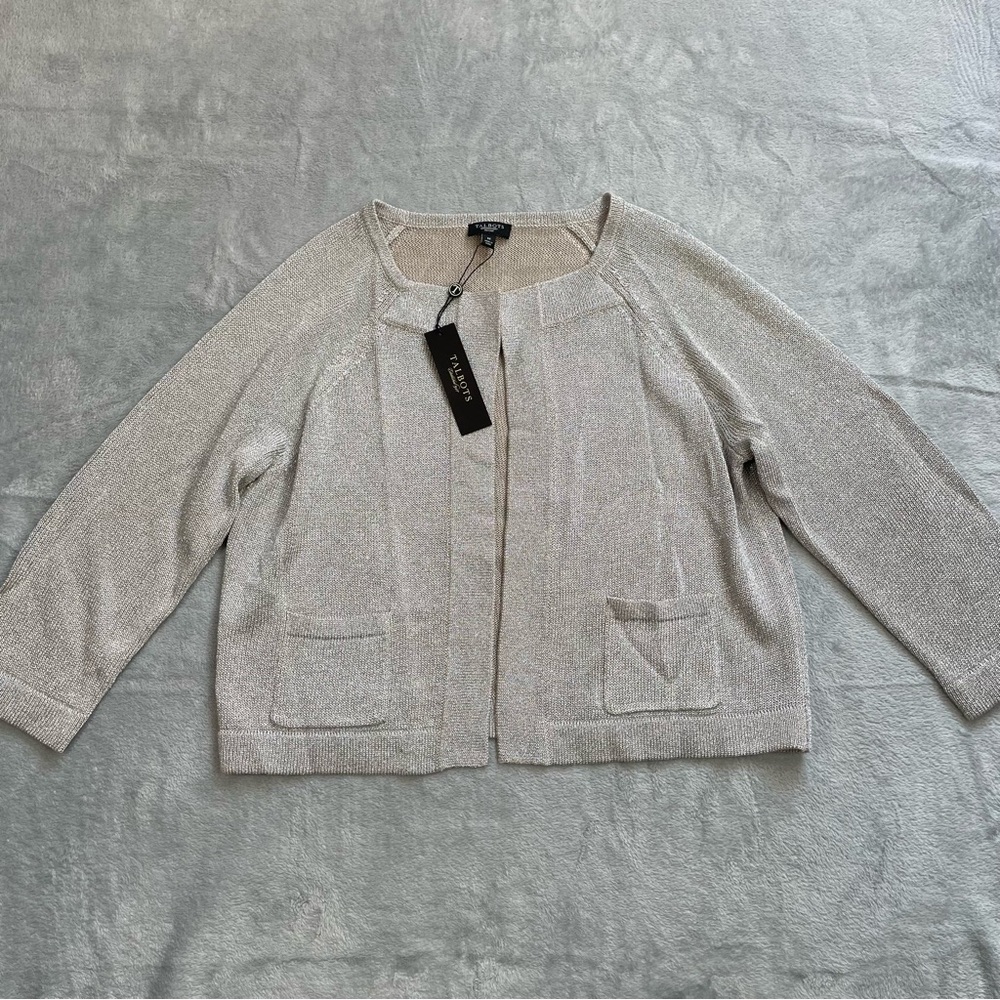 New Talbots Linen Blend Cardigan Sweater Medium Petite MP Metallic Dressy 3/4